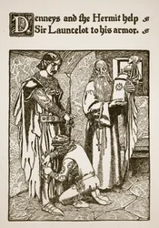 Denneys und der Einsiedler helfen Sir Launcelot bei seiner Rüstung, Illustration aus 