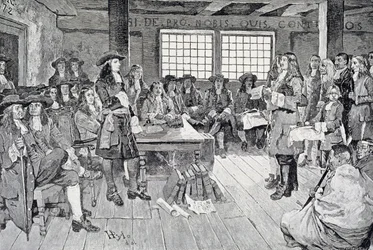 William Penn in Konferenz mit den Kolonisten, Illustration aus 