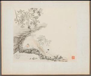 Album mit Landschaftsmalereien, die alte Gedichte illustrieren: Ein Mann liegt unter einem felsigen Überhang; ein Junge steht rechts von ihm