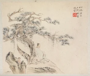 Album von Landschaftsgemälden, die alte Gedichte illustrieren: Ein alter Mann sitzt unter einem Kiefernbaum..., 1700er Jahre