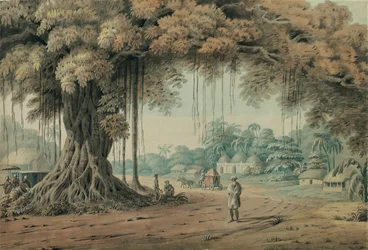 Sänftenträger und heilige Männer ruhen unter einem Banyanbaum am Eingang zu einem Dorf, Bengalen