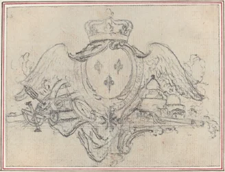 Wappen des Königs von Frankreich mit Flügeln und wissenschaftlichen Instrumenten