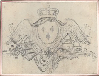 Wappen des Königs von Frankreich mit Flügeln und wissenschaftlichen Instrumenten
