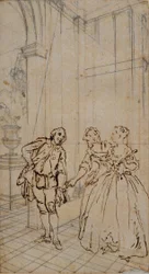 Literarische Illustration mit Gentleman und zwei Damen im Innenraum