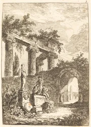 Die Statue vor den Ruinen