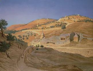 Hügelige Landschaft mit Arabern und einem zerstörten Tempel
