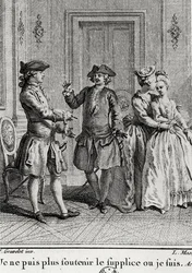 Ich kann die Qualen hier nicht mehr ertragen, wo ich bin, Illustration für Eugenie von Beaumarchais, graviert von Louis Joseph Masquelier (1741-1811)
