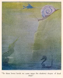 „In diesen tieferen Ebenen stießen wir auf die schattenhaften Umrisse toter Schiffe“, Illustration aus Die Reisen des Doktor Dolittle