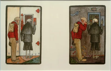 Bauer und Tod vor den Pforten von Himmel und Hölle