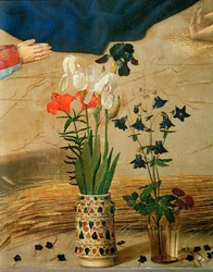 Vase mit weißen, roten und blauen Lilien und Iris