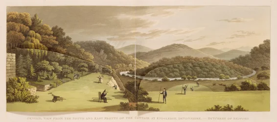 Gesamtansicht von der Süd- und Ostfront des Landhauses in Endsleigh, Devon (vorher), aus „Fragmente über Theorie und Praxis der Landschaftsgärtnerei“, veröffentlicht 1816