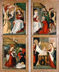 Die Verkündigung, die Geburt Christi, die Anbetung der Weisen und die Darstellung im Tempel aus dem Szepeshely-Altar, 1480-90