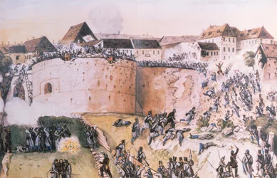 Die ungarische Revolution von 1848: Österreichische Truppen stürmen die Burg von Buda am 21. Mai 1849