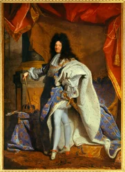 Ganzfiguriges Porträt Ludwigs XIV. (1638-1715) im Alter von 63 Jahren im großen königlichen Ornat