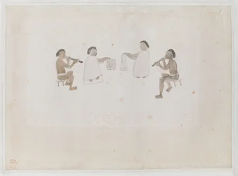 Musiker von Tahiti. Vier Tahitianer, zwei im Mare gekleidet, spielen die Nasenflöte; zwei im Tiputa gekleidet, schlagen Trommeln. Aufgezeichnet im Tagebuch von Joseph Banks I, 290