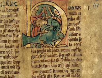 Historisierte Initiale H aus einem Artikel über die Aufteilung gestrandeter Wale, Kopie einer originalen Gesetzessammlung aus dem 14. Jahrhundert Jonsbok