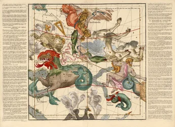 Frühlingsäquinoktium, Tafel 2 aus Globi coelestis in tabulas planas redacti descriptio, veröffentlicht 1674 (handkolorierter Stich)