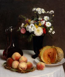 Stillleben mit Karaffe, Blumen und Früchten