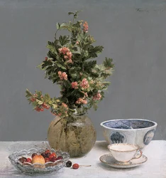 Stillleben mit Weißdornvase, Schale mit Kirschen, japanischer Schale und Tasse mit Untertasse