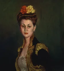Porträt einer Dame mit Haarknoten und Torero-Jacke