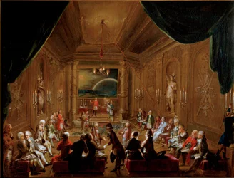 Zusammenkunft in Wien der Freimaurerloge der Krone Esperance (Zusammenkunft der Freimaurer, Zur gekrönten Hoffnung) im Jahr 1790. Wolfgang Amadeus Mozart (1756-1791) sitzt rechts im Vordergrund. Gemälde von Ignaz Unterberger. Historisches Museum der Stadt 