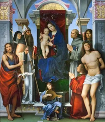 Madonna mit Kind auf einem Thron, mit Heiligen