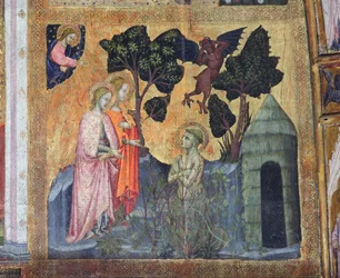 Der heilige Franziskus wirft sich in die dornigen Brombeeren, Fresko aus der Porziuncola, 1393