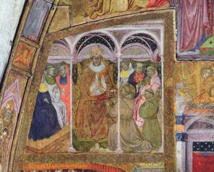 Der heilige Franziskus bittet Papst Honorius III. um die Bestätigung des Ablasses, Fresko aus der Porziuncola, 1393