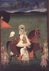 AS10 Album 43 Nr.4514 Kat. Nr. 514 iii Rana Sarup Singh (1842-61) von Mewar reitet auf einem kastanienbraunen Hengst, seine Gefolgsleute zu Fuß tragen Sonnenschirme und königliche Insignien, Udaipur, ca. 1855