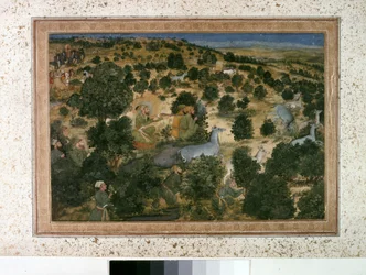AURANGZEB: Awrangzib jagt Nilgais, ca. 1660