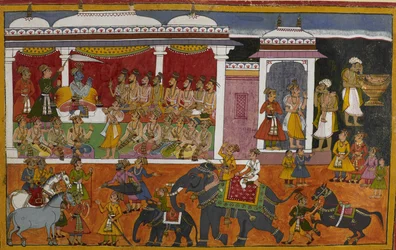 Ein Brahmane konsultiert Rama über den Tod seines Sohnes, während der Körper in einer Urne aufbewahrt wird