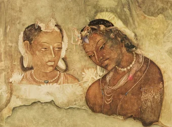 Eine Prinzessin und ihr Diener, Kopie eines Freskos aus den Ajanta-Höhlen, Indien
