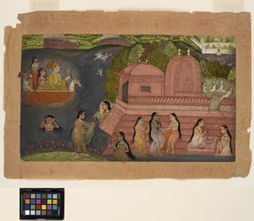 Ein Raja, der von einem Boot aus jagt, trifft auf badende Schönheiten bei einem Tempel, ca. 1695