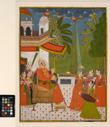 Ein Raja auf einem Thron, unterhalten von Tänzern und Musikern, ca. 1775