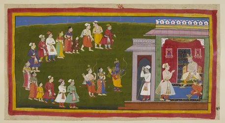 Rama und Laksmana, wie zuvor gekleidet, aber bewaffnet mit Schwert, Bogen und Pfeilen, begleitet von Sita, gehen demütig durch die Straßen, die von trauernden Menschen gesäumt sind, zum Palast ihres Vaters. Sumantra kündigt sie dem thronenden Dasaratha an.