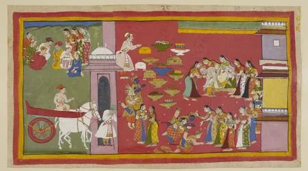 Rechts, als er seine Söhne und Sita in Rindenkleidern sieht, verliert Dasaratha das Bewusstsein und fällt vom Thron. Die drei Exilanten knien vor den Königinnen. Sita wird von Kausalya umarmt, die sie unnötigerweise daran erinnert, dass ihr erstes