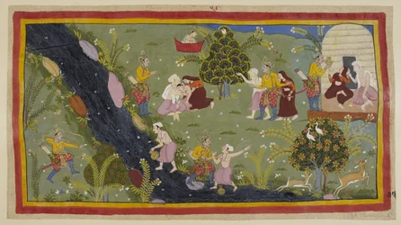 Add 15296 (1) f.79r, Dasaratha erzählt den Königinnen von dem Vorfall in seiner Jugend, als er versehentlich den Sohn eines Weisen beim Jagen tötete. Links zielt Dasaratha irrtümlich durch die Bäume auf den Jungen, der seinen Wasserkrug füllt.