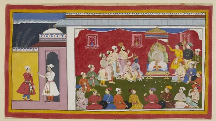 Dasaratha sitzt auf seinem Thron im vollen Durbar, mit Rama und Laksmana, die neben ihm knien, während der Bote, den Bharata vom Hof seines Großvaters geschickt hat, dem König erzählt, wie fleißig seine anderen beiden Söhne studieren. Ein Ring von C