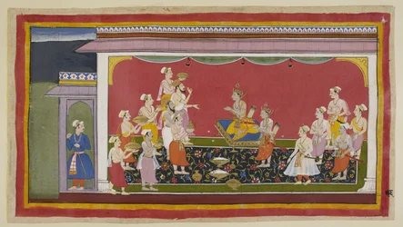 Add. 15296 (1) f. 96r Bharata und Shatrughna haben die Bestattungsriten für ihren Vater vollzogen, und vierzehn Tage später, nach Ablauf der vorgeschriebenen Trauerzeit, bringen die von Vasistha angeführten Priester und die Minister die für die Krönung