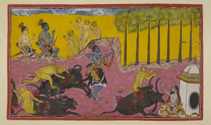 Sugriva und seine Affen, oben links zu sehen, erzählen Rama und Laksmana die Geschichte von Bāli und Dundubhi. Bāli war so mächtig, dass er den Dämon Glied für Glied zerreißen und dann die Leiche in die Luft schleudern konnte.