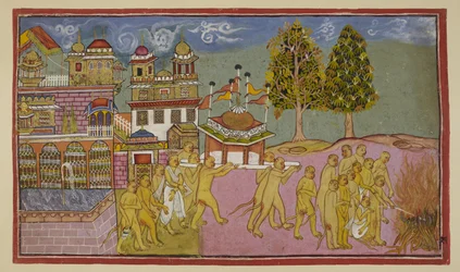 Der Körper von Bali, in Weiß gehüllt, wird in einer Kuppel-Palanquin aus dem Palast getragen und in einem Scheiterhaufen verbrannt, mit Sugriva und Angada, die die Bestattungsriten leiten