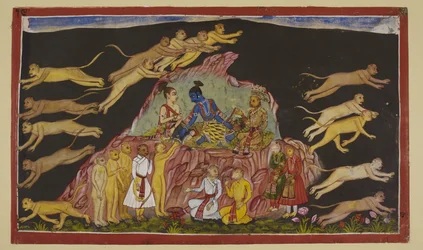 Add 15296 (2) f.49r, Rama, Lakshmana und Sugriva sitzen auf einer felsigen Anhöhe. Sugriva teilt seine gewaltigen Streitkräfte in vier Teile und schickt sie aus, um in den vier Himmelsrichtungen nach Sita zu suchen. Jedem Truppenführer beschreibt er das