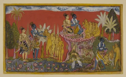 Hanuman bringt nun Rama und Laksmana in die Gegenwart von Sugriva auf dem Berg. Rama und Sugriva reichen sich die Hände als Zeichen ihres Freundschaftsgelübdes, beobachtet von Laksmana und den anderen Affen; und dann, in ähnlichem Geist, gehen die beiden.
