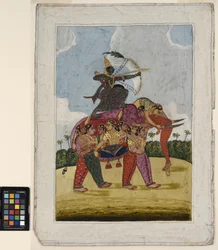 Ein Elefant, zusammengesetzt aus tanzenden Frauen, dient als Reittier für einen Bogenschützen, ca. 1825