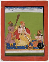 Bhao Singh thront mit einem Adligen zu seinen Füßen, ca. 1680