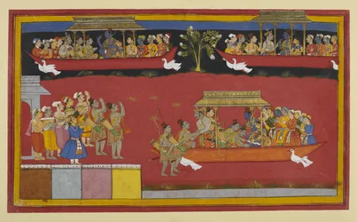 Bharata und Shatrughna begrüßen Rama und Sita, während der Pushpaka abfliegt