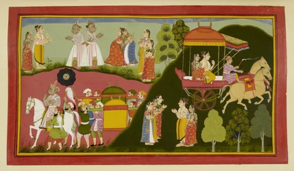 Dasaratha und seine Königinnen kehren nach Ayodhya zurück und lassen Rishyasringa und Shanta zurück