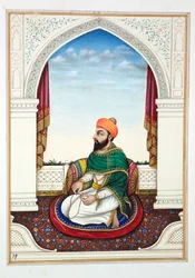 Fakir Syad Aziz-o-Deen, aus Das Königreich Punjab, seine Herrscher und Häuptlinge, Band I, ein Band mit 27 Aquarellstudien eines unbekannten indischen Künstlers, ca. 1840
