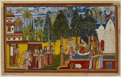 Von einem Shingshapa-Baum aus beobachtet Hanuman Sita, umgeben von weiblichen Titanen, als Ravana ankommt und sie bittet, ihn zu heiraten