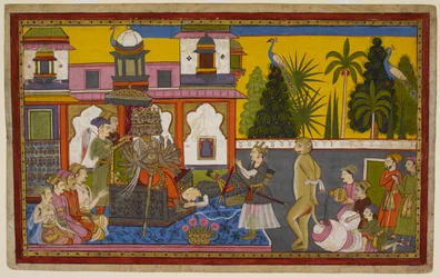 Hanumān wird von Rāvaṇa gefangen genommen und gedemütigt, entkommt jedoch und setzt mit seinem lodernden Schwanz die Stadt in Brand. 1653